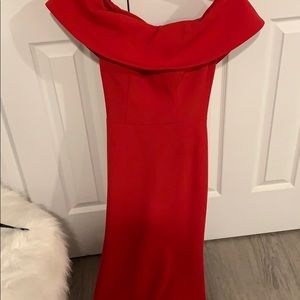 Red off shoulder gown